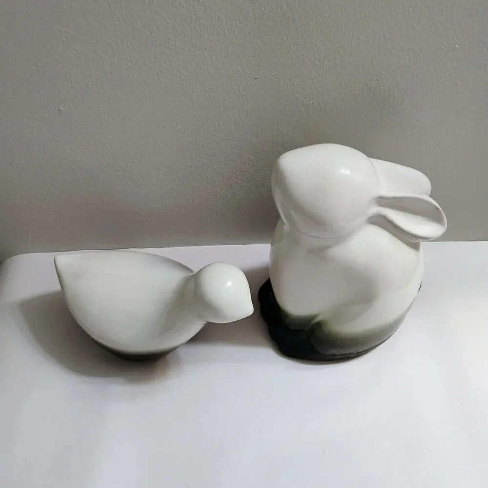 Pier 1 Green White Ceramic Bunny Bird Figurines Modern Sculpture Easter Spring